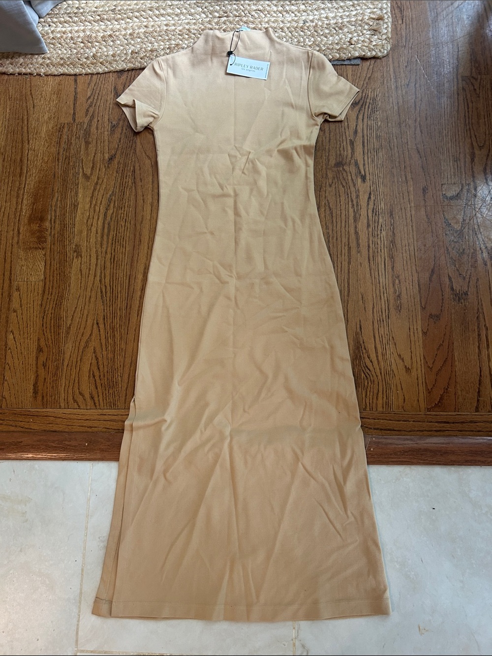 Ribbed Tan Short-Sleeve Maxi Dress